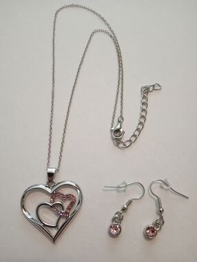 #1166.  Silver Toned, Tripple Heart, With Pink Rhinestones & Matching Earrings